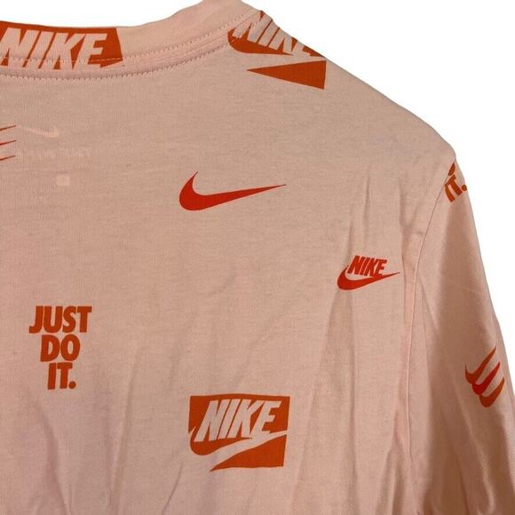 The Nike Tee T Shirt Graphic Swoosh Spell Out Logo Allover Print Pink Orange L - Picture 13 of 16
